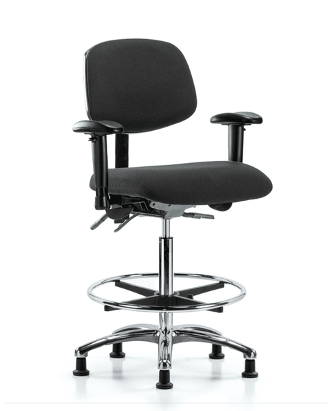Fabric ESD Chair - High Bench Height with Seat Tilt, Adjustable Arms, Chrome Foot Ring, & ESD Stationary Glides in ESD Black Fabric - ESD-FHBCH-CR-T1-A1-CF-EG-ESDBLK
