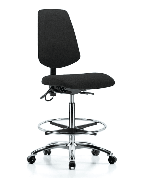 Fabric ESD Chair - High Bench Height with Medium Back, Chrome Foot Ring, & ESD Casters in ESD Black Fabric - ESD-FHBCH-MB-CR-T0-A0-CF-EC-ESDBLK