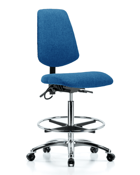 Fabric ESD Chair - High Bench Height with Medium Back, Chrome Foot Ring, & ESD Casters in ESD Blue Fabric - ESD-FHBCH-MB-CR-T0-A0-CF-EC-ESDBLU