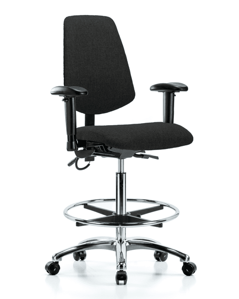 Fabric ESD Chair - High Bench Height with Medium Back, Adjustable Arms, Chrome Foot Ring, & ESD Casters in ESD Black Fabric - ESD-FHBCH-MB-CR-T0-A1-CF-EC-ESDBLK