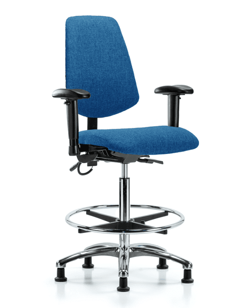 Fabric ESD Chair - High Bench Height with Medium Back, Adjustable Arms, Chrome Foot Ring, & ESD Stationary Glides in ESD Blue Fabric - ESD-FHBCH-MB-CR-T0-A1-CF-EG-ESDBLU