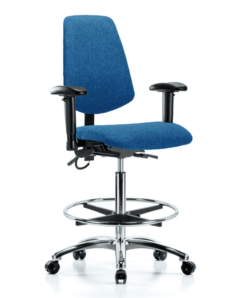 Fabric ESD Chair - High Bench Height with Medium Back, Seat Tilt, Adjustable Arms, Chrome Foot Ring, & ESD Casters in ESD Blue Fabric - ESD-FHBCH-MB-CR-T1-A1-CF-EC-ESDBLU