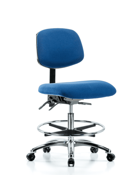 Fabric ESD Chair - Medium Bench Height with Chrome Foot Ring & ESD Casters in ESD Blue Fabric - ESD-FMBCH-CR-T0-A0-CF-EC-ESDBLU