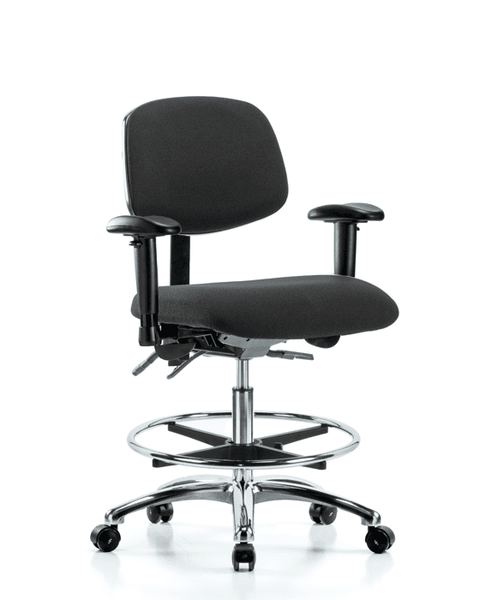 Fabric ESD Chair - Medium Bench Height with Adjustable Arms, Chrome Foot Ring, & ESD Casters in ESD Black Fabric - ESD-FMBCH-CR-T0-A1-CF-EC-ESDBLK