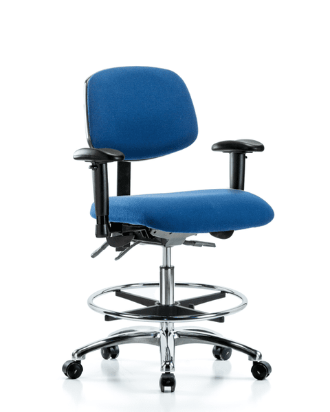 Fabric ESD Chair - Medium Bench Height with Adjustable Arms, Chrome Foot Ring, & ESD Casters in ESD Blue Fabric - ESD-FMBCH-CR-T0-A1-CF-EC-ESDBLU