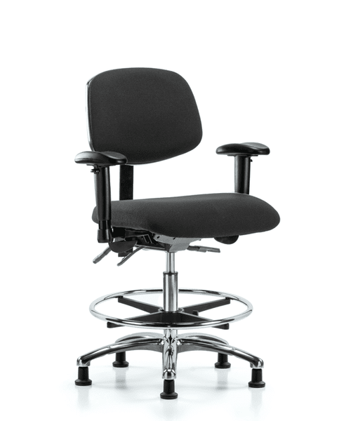 Fabric ESD Chair - Medium Bench Height with Adjustable Arms, Chrome Foot Ring, & ESD Stationary Glides in ESD Black Fabric - ESD-FMBCH-CR-T0-A1-CF-EG-ESDBLK