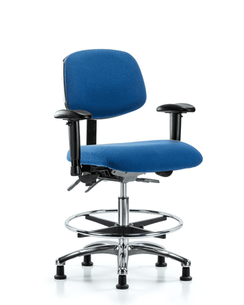 Fabric ESD Chair - Medium Bench Height with Adjustable Arms, Chrome Foot Ring, & ESD Stationary Glides in ESD Blue Fabric - ESD-FMBCH-CR-T0-A1-CF-EG-ESDBLU