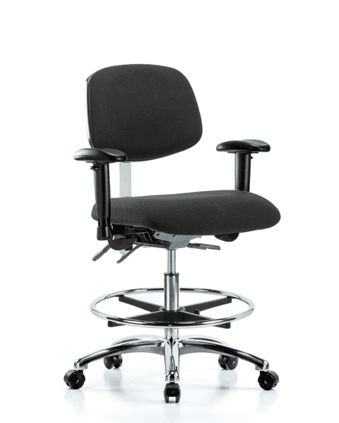 Fabric ESD Chair - Medium Bench Height with Seat Tilt, Adjustable Arms, Chrome Foot Ring, & ESD Casters in ESD Black Fabric - ESD-FMBCH-CR-T1-A1-CF-EC-ESDBLK