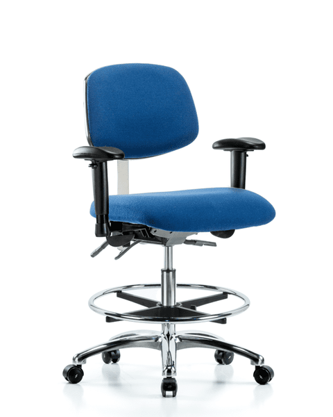 Fabric ESD Chair - Medium Bench Height with Seat Tilt, Adjustable Arms, Chrome Foot Ring, & ESD Casters in ESD Blue Fabric - ESD-FMBCH-CR-T1-A1-CF-EC-ESDBLU