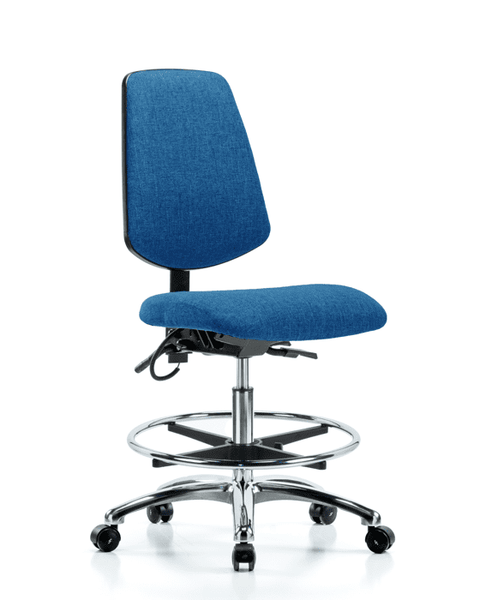Fabric ESD Chair - Medium Bench Height with Medium Back, Chrome Foot Ring, & ESD Casters in ESD Blue Fabric - ESD-FMBCH-MB-CR-T0-A0-CF-EC-ESDBLU