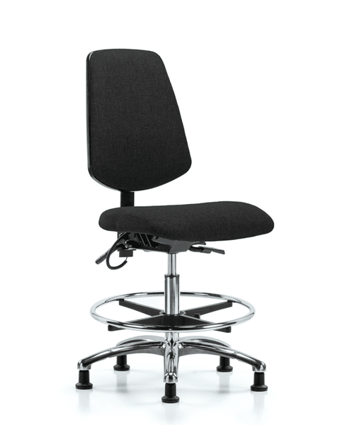 Fabric ESD Chair - Medium Bench Height with Medium Back, Chrome Foot Ring, & ESD Stationary Glides in ESD Black Fabric - ESD-FMBCH-MB-CR-T0-A0-CF-EG-ESDBLK