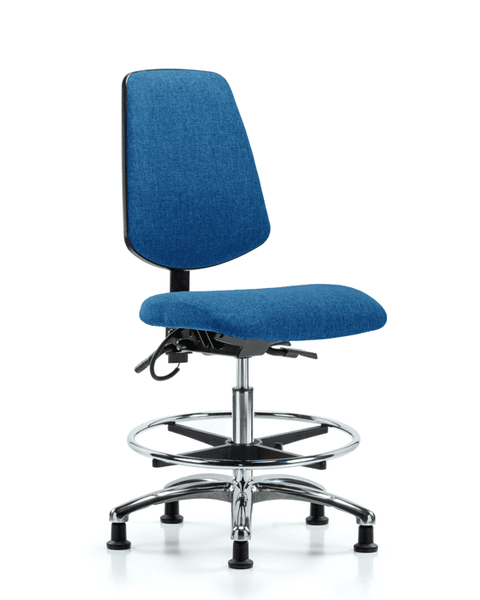 Fabric ESD Chair - Medium Bench Height with Medium Back, Chrome Foot Ring, & ESD Stationary Glides in ESD Blue Fabric - ESD-FMBCH-MB-CR-T0-A0-CF-EG-ESDBLU