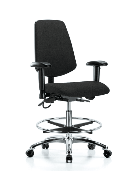 Fabric ESD Chair - Medium Bench Height with Medium Back, Adjustable Arms, Chrome Foot Ring, & ESD Casters in ESD Black Fabric - ESD-FMBCH-MB-CR-T0-A1-CF-EC-ESDBLK