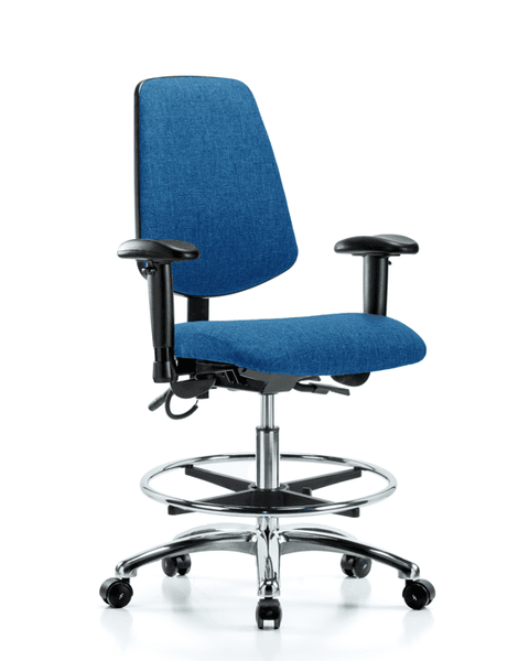 Fabric ESD Chair - Medium Bench Height with Medium Back, Adjustable Arms, Chrome Foot Ring, & ESD Casters in ESD Blue Fabric - ESD-FMBCH-MB-CR-T0-A1-CF-EC-ESDBLU