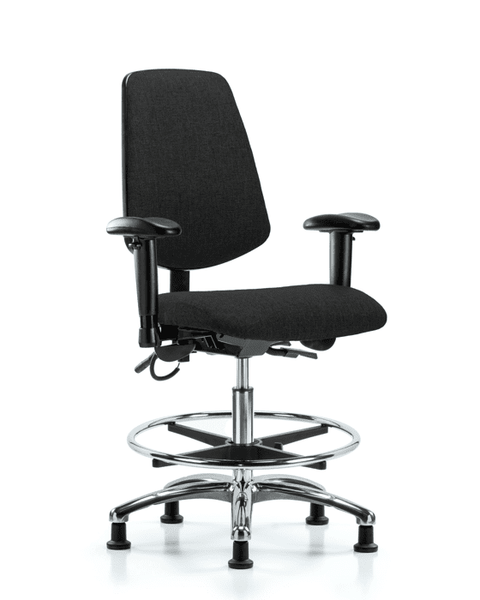 Fabric ESD Chair - Medium Bench Height with Medium Back, Adjustable Arms, Chrome Foot Ring, & ESD Stationary Glides in ESD Black Fabric - ESD-FMBCH-MB-CR-T0-A1-CF-EG-ESDBLK
