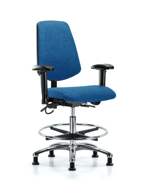 Fabric ESD Chair - Medium Bench Height with Medium Back, Adjustable Arms, Chrome Foot Ring, & ESD Stationary Glides in ESD Blue Fabric - ESD-FMBCH-MB-CR-T0-A1-CF-EG-ESDBLU