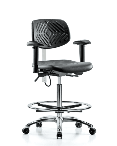 Polyurethane ESD Chair - High Bench Height with Chrome Foot Ring, Seat Tilt, Adjustable Arms, & ESD Casters - ESD-PHBCH-CR-T1-A1-CF-EC