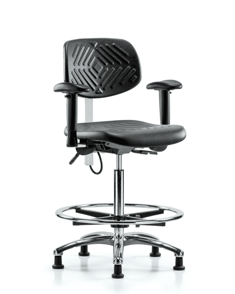 Polyurethane ESD Chair - High Bench Height with Chrome Foot Ring, Seat Tilt, Adjustable Arms, & ESD Stationary Glides - ESD-PHBCH-CR-T1-A1-CF-EG