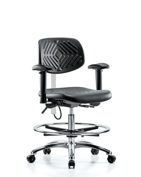 Polyurethane ESD Chair - Medium Bench Height with Chrome Foot Ring, Adjustable Arms, & ESD Casters - ESD-PMBCH-CR-T0-A1-CF-EC