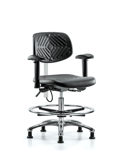 Polyurethane ESD Chair - Medium Bench Height with Chrome Foot Ring, Seat Tilt, Adjustable Arms, & ESD Stationary Glides - ESD-PMBCH-CR-T1-A1-CF-EG