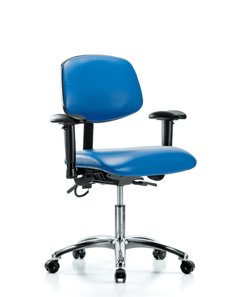 Vinyl ESD Chair - Desk Height with Adjustable Arms & ESD Casters in ESD Blue Vinyl - ESD-VDHCH-CR-T0-A1-EC-ESDBLU