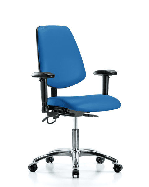 Vinyl ESD Chair - Desk Height with Medium Back, Adjustable Arms, & ESD Casters in ESD Blue Vinyl - ESD-VDHCH-MB-CR-T0-A1-EC-ESDBLU