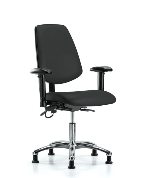 Vinyl ESD Chair - Desk Height with Medium Back, Seat Tilt, Adjustable Arms, & ESD Stationary Glides in ESD Black Vinyl - ESD-VDHCH-MB-CR-T1-A1-EG-ESDBLK