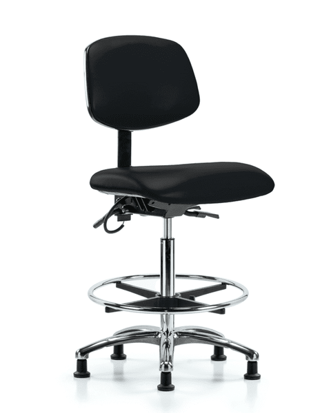 Vinyl ESD Chair - High Bench Height with Chrome Foot Ring & ESD Stationary Glides in ESD Black Vinyl - ESD-VHBCH-CR-T0-A0-CF-EG-ESDBLK
