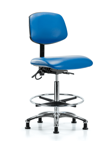 Vinyl ESD Chair - High Bench Height with Chrome Foot Ring & ESD Stationary Glides in ESD Blue Vinyl - ESD-VHBCH-CR-T0-A0-CF-EG-ESDBLU