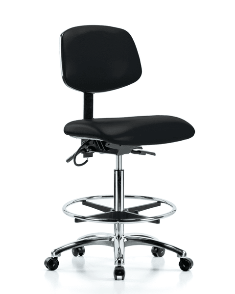 Vinyl ESD Chair - High Bench Height with Seat Tilt, Chrome Foot Ring, & ESD Casters in ESD Black Vinyl - ESD-VHBCH-CR-T1-A0-CF-EC-ESDBLK