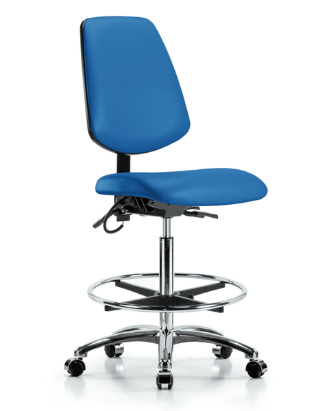 Vinyl ESD Chair - High Bench Height with Medium Back, Chrome Foot Ring, & ESD Casters in ESD Blue Vinyl - ESD-VHBCH-MB-CR-T0-A0-CF-EC-ESDBLU