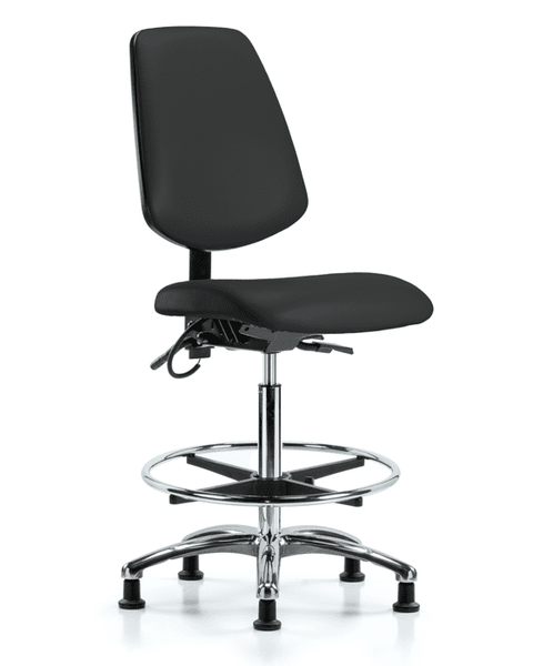 Vinyl ESD Chair - High Bench Height with Medium Back, Chrome Foot Ring, & ESD Stationary Glides in ESD Black Vinyl - ESD-VHBCH-MB-CR-T0-A0-CF-EG-ESDBLK