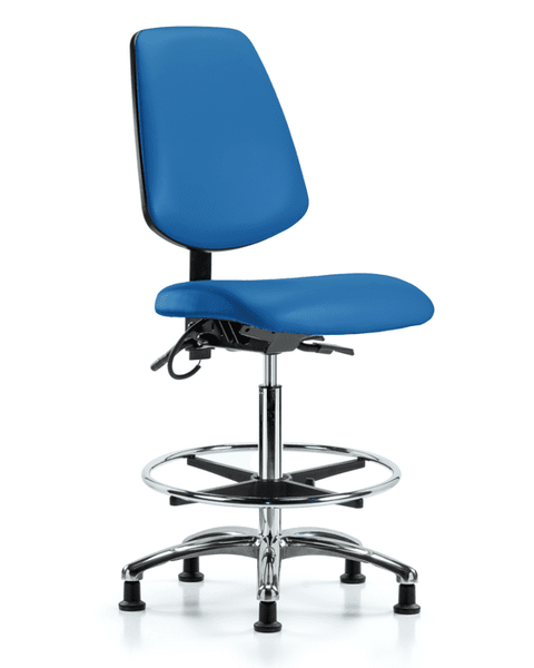 Vinyl ESD Chair - High Bench Height with Medium Back, Chrome Foot Ring, & ESD Stationary Glides in ESD Blue Vinyl - ESD-VHBCH-MB-CR-T0-A0-CF-EG-ESDBLU