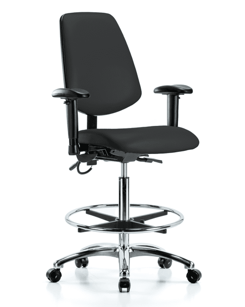 Vinyl ESD Chair - High Bench Height with Medium Back, Adjustable Arms, Chrome Foot Ring, & ESD Casters in ESD Black Vinyl - ESD-VHBCH-MB-CR-T0-A1-CF-EC-ESDBLK