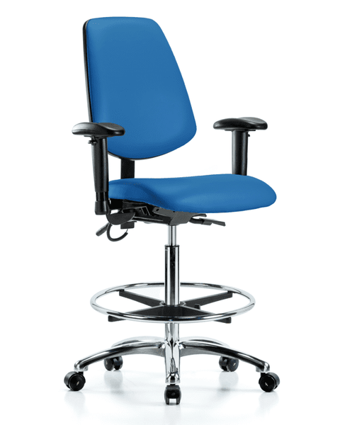 Vinyl ESD Chair - High Bench Height with Medium Back, Adjustable Arms, Chrome Foot Ring, & ESD Casters in ESD Blue Vinyl - ESD-VHBCH-MB-CR-T0-A1-CF-EC-ESDBLU