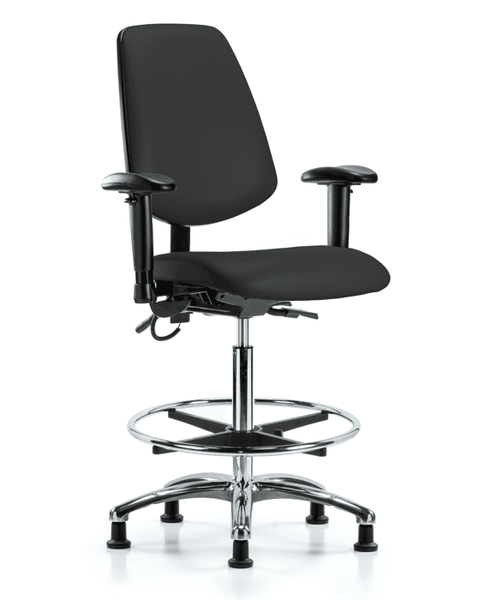 Vinyl ESD Chair - High Bench Height with Medium Back, Adjustable Arms, Chrome Foot Ring, & ESD Stationary Glides in ESD Black Vinyl - ESD-VHBCH-MB-CR-T0-A1-CF-EG-ESDBLK