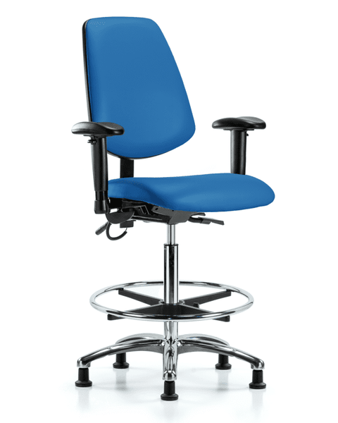 Vinyl ESD Chair - High Bench Height with Medium Back, Adjustable Arms, Chrome Foot Ring, & ESD Stationary Glides in ESD Blue Vinyl - ESD-VHBCH-MB-CR-T0-A1-CF-EG-ESDBLU