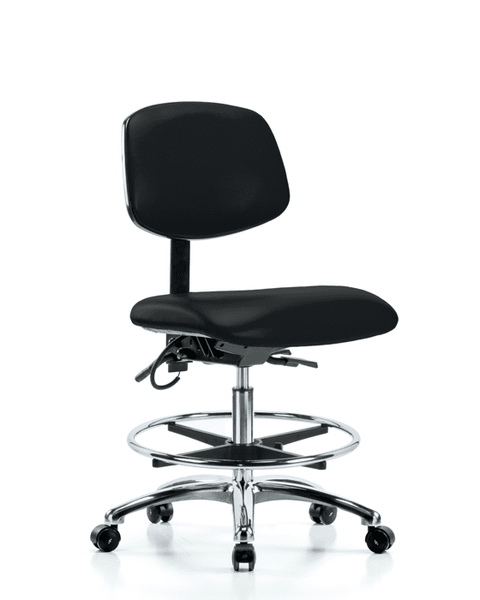 Vinyl ESD Chair - Medium Bench Height with Chrome Foot Ring & ESD Casters in ESD Black Vinyl - ESD-VMBCH-CR-T0-A0-CF-EC-ESDBLK