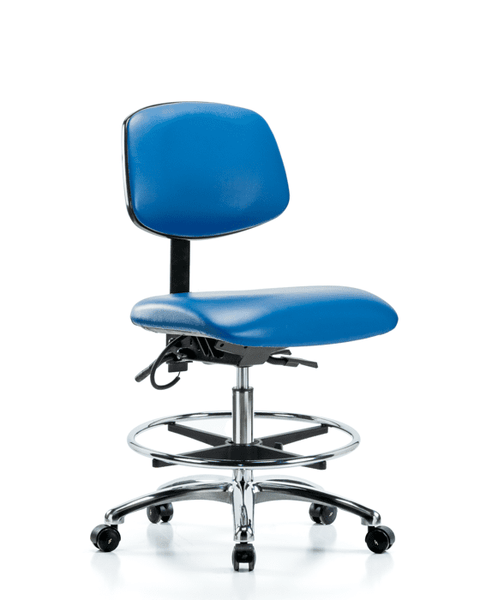 Vinyl ESD Chair - Medium Bench Height with Chrome Foot Ring & ESD Casters in ESD Blue Vinyl - ESD-VMBCH-CR-T0-A0-CF-EC-ESDBLU