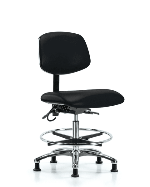 Vinyl ESD Chair - Medium Bench Height with Chrome Foot Ring & ESD Stationary Glides in ESD Black Vinyl - ESD-VMBCH-CR-T0-A0-CF-EG-ESDBLK