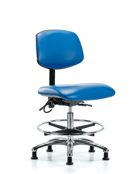 Vinyl ESD Chair - Medium Bench Height with Chrome Foot Ring & ESD Stationary Glides in ESD Blue Vinyl - ESD-VMBCH-CR-T0-A0-CF-EG-ESDBLU