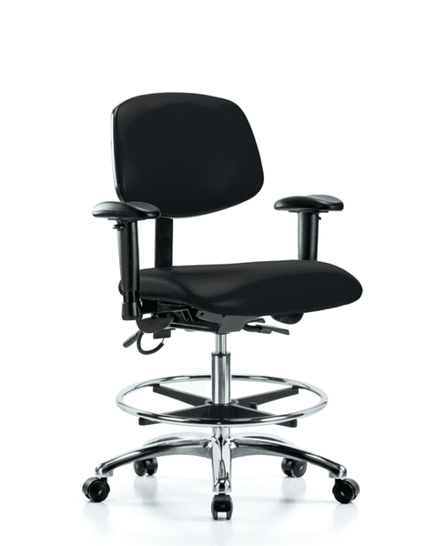 Vinyl ESD Chair - Medium Bench Height with Adjustable Arms, Chrome Foot Ring, & ESD Casters in ESD Black Vinyl - ESD-VMBCH-CR-T0-A1-CF-EC-ESDBLK