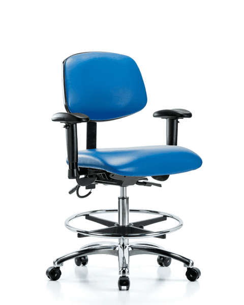 Vinyl ESD Chair - Medium Bench Height with Adjustable Arms, Chrome Foot Ring, & ESD Casters in ESD Blue Vinyl - ESD-VMBCH-CR-T0-A1-CF-EC-ESDBLU