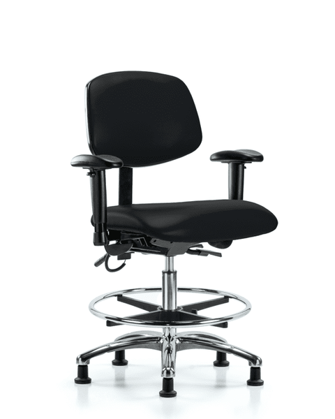 Vinyl ESD Chair - Medium Bench Height with Adjustable Arms, Chrome Foot Ring, & ESD Stationary Glides in ESD Black Vinyl - ESD-VMBCH-CR-T0-A1-CF-EG-ESDBLK