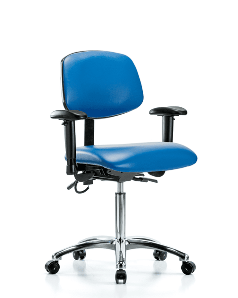 Vinyl ESD Chair - Medium Bench Height with Adjustable Arms & ESD Casters in ESD Blue Vinyl - ESD-VMBCH-CR-T0-A1-NF-EC-ESDBLU