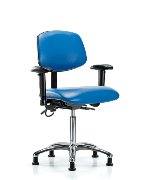 Vinyl ESD Chair - Medium Bench Height with Adjustable Arms & ESD Stationary Glides in ESD Blue Vinyl - ESD-VMBCH-CR-T0-A1-NF-EG-ESDBLU