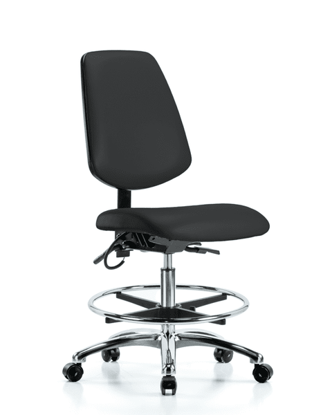 Vinyl ESD Chair - Medium Bench Height with Medium Back, Chrome Foot Ring, & ESD Casters in ESD Black Vinyl - ESD-VMBCH-MB-CR-T0-A0-CF-EC-ESDBLK