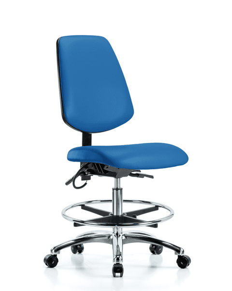 Vinyl ESD Chair - Medium Bench Height with Medium Back, Chrome Foot Ring, & ESD Casters in ESD Blue Vinyl - ESD-VMBCH-MB-CR-T0-A0-CF-EC-ESDBLU