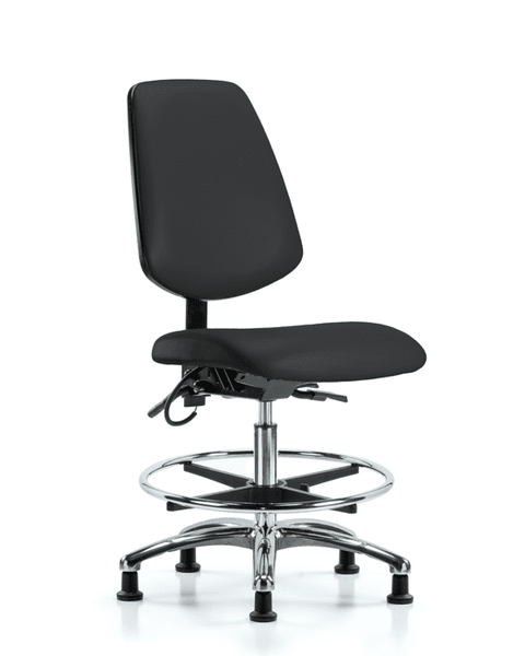Vinyl ESD Chair - Medium Bench Height with Medium Back, Chrome Foot Ring, & ESD Stationary Glides in ESD Black Vinyl - ESD-VMBCH-MB-CR-T0-A0-CF-EG-ESDBLK