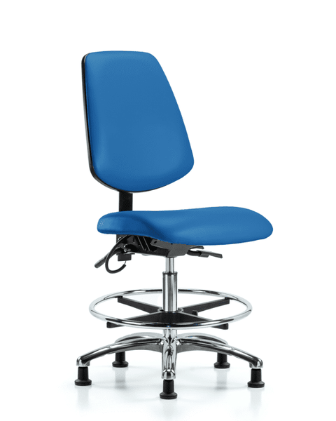 Vinyl ESD Chair - Medium Bench Height with Medium Back, Chrome Foot Ring, & ESD Stationary Glides in ESD Blue Vinyl - ESD-VMBCH-MB-CR-T0-A0-CF-EG-ESDBLU